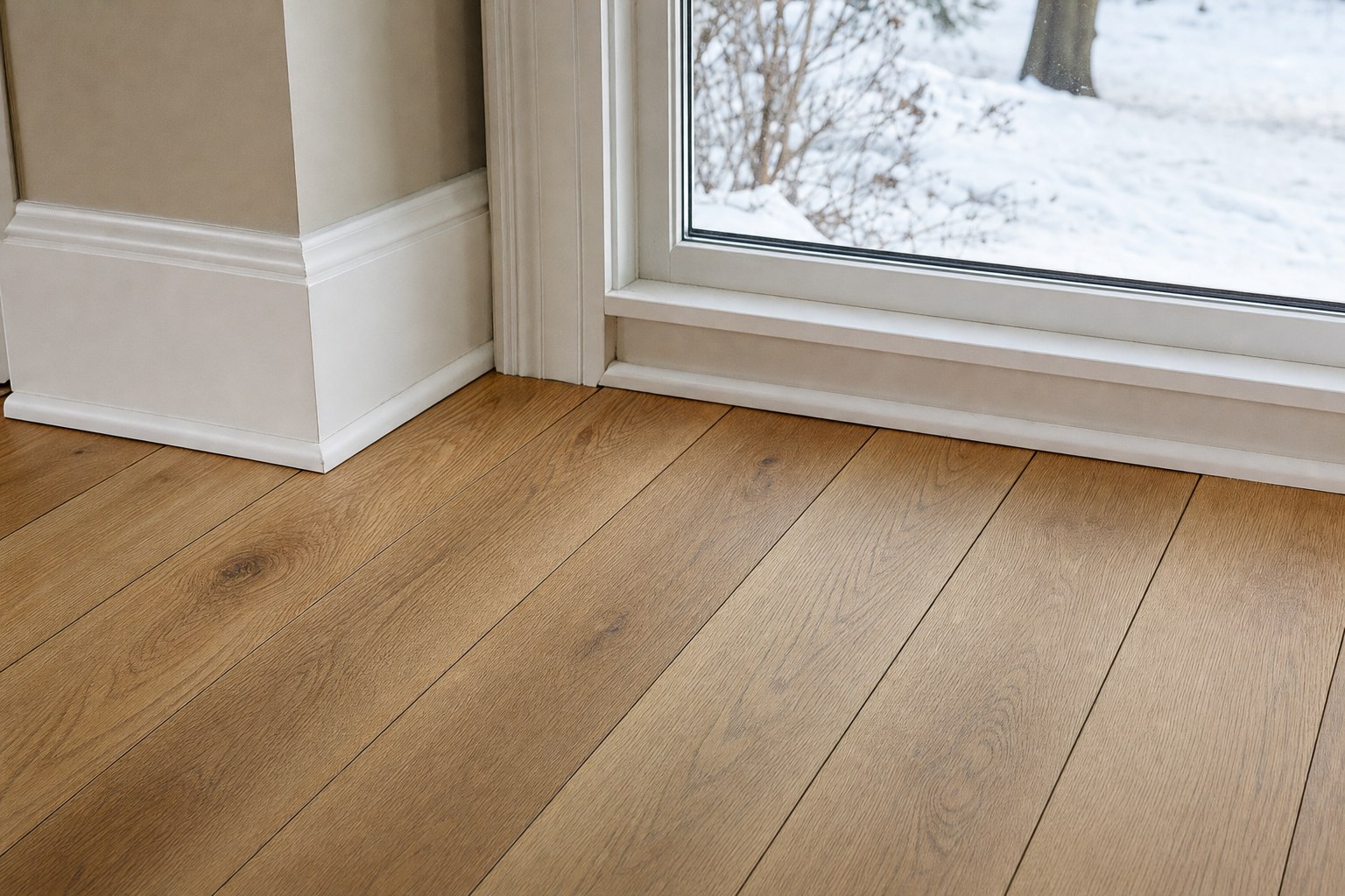 Natural oak floorboards beside a window during winter