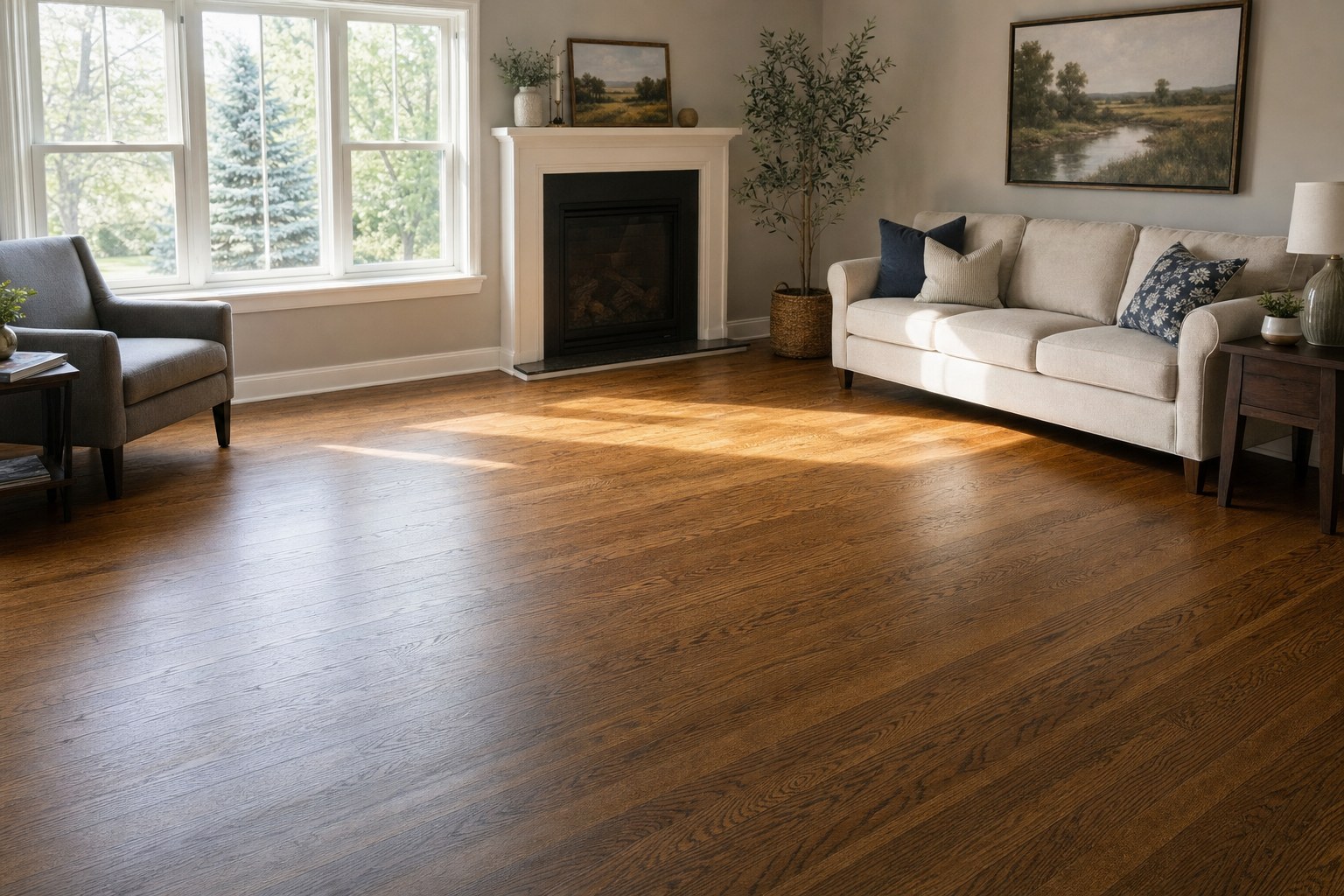 Warm brown hardwood floor in a living room with natural window light