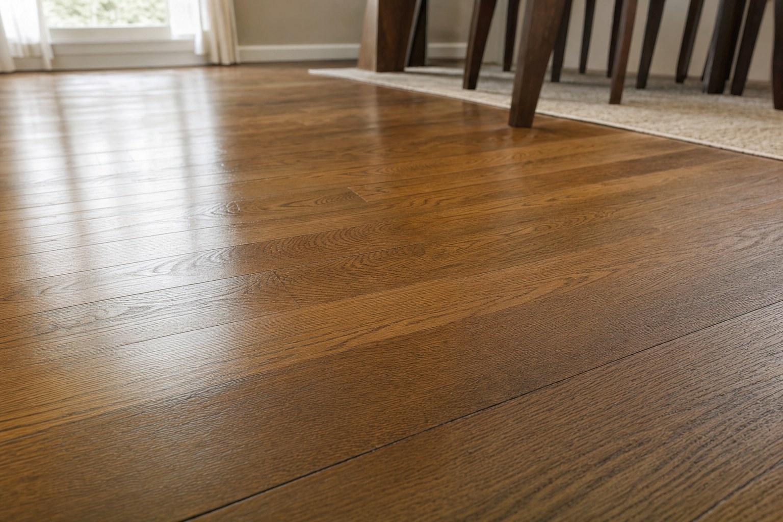 Detail of a warm brown hardwood floor reflecting soft window light