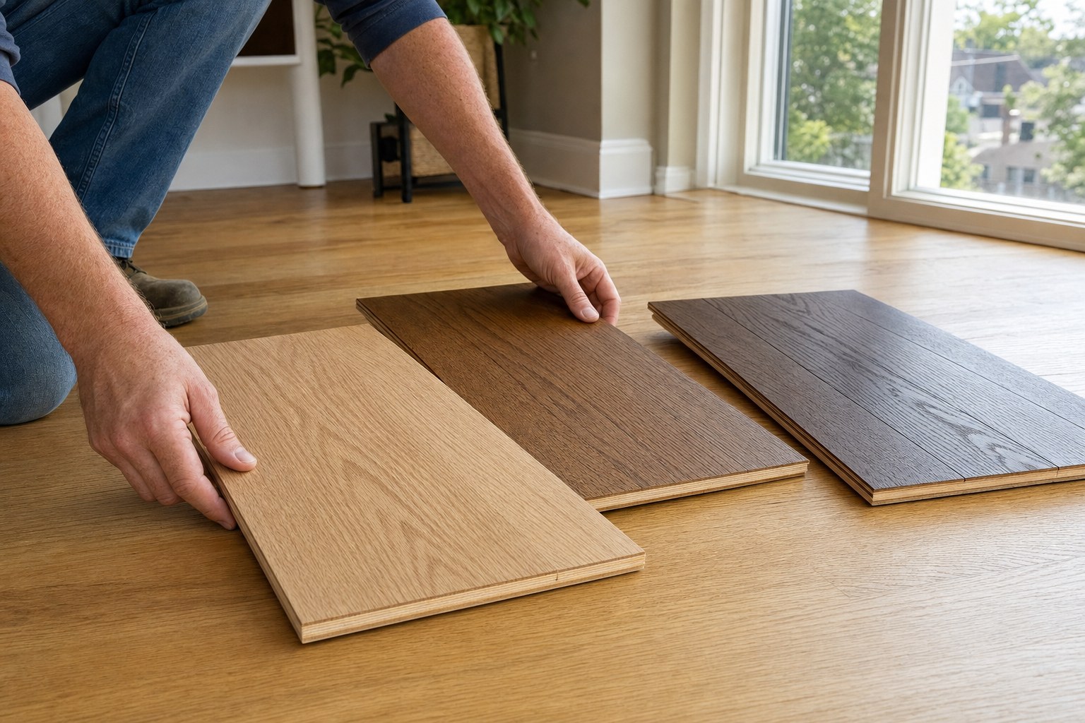 Flooring professional comparing hardwood floor stain samples
