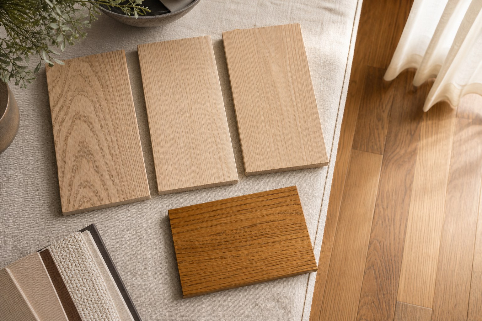 Large oak sample boards and a finished hardwood sample arranged for a flooring consultation