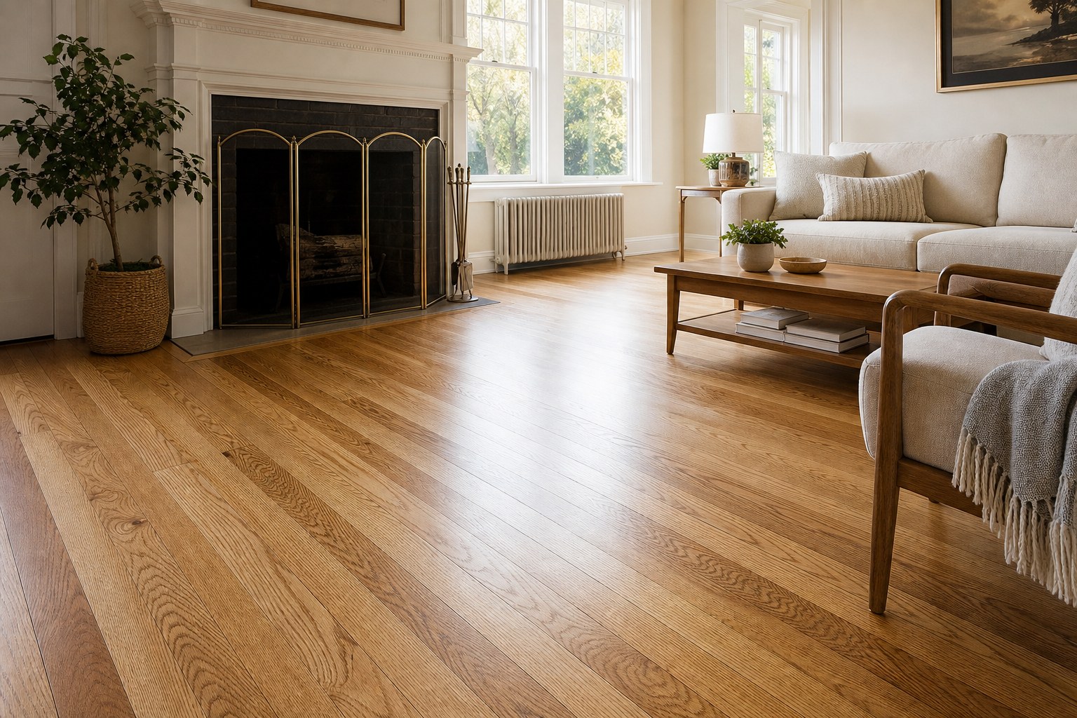 Refinished oak hardwood floor in a sunlit traditional living room