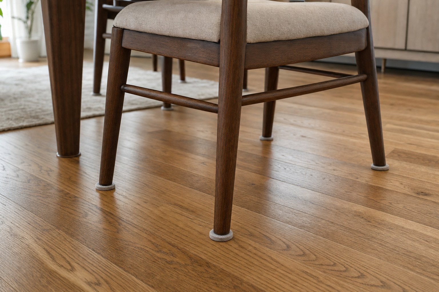 Dining chair legs fitted with felt pads on a natural oak hardwood floor