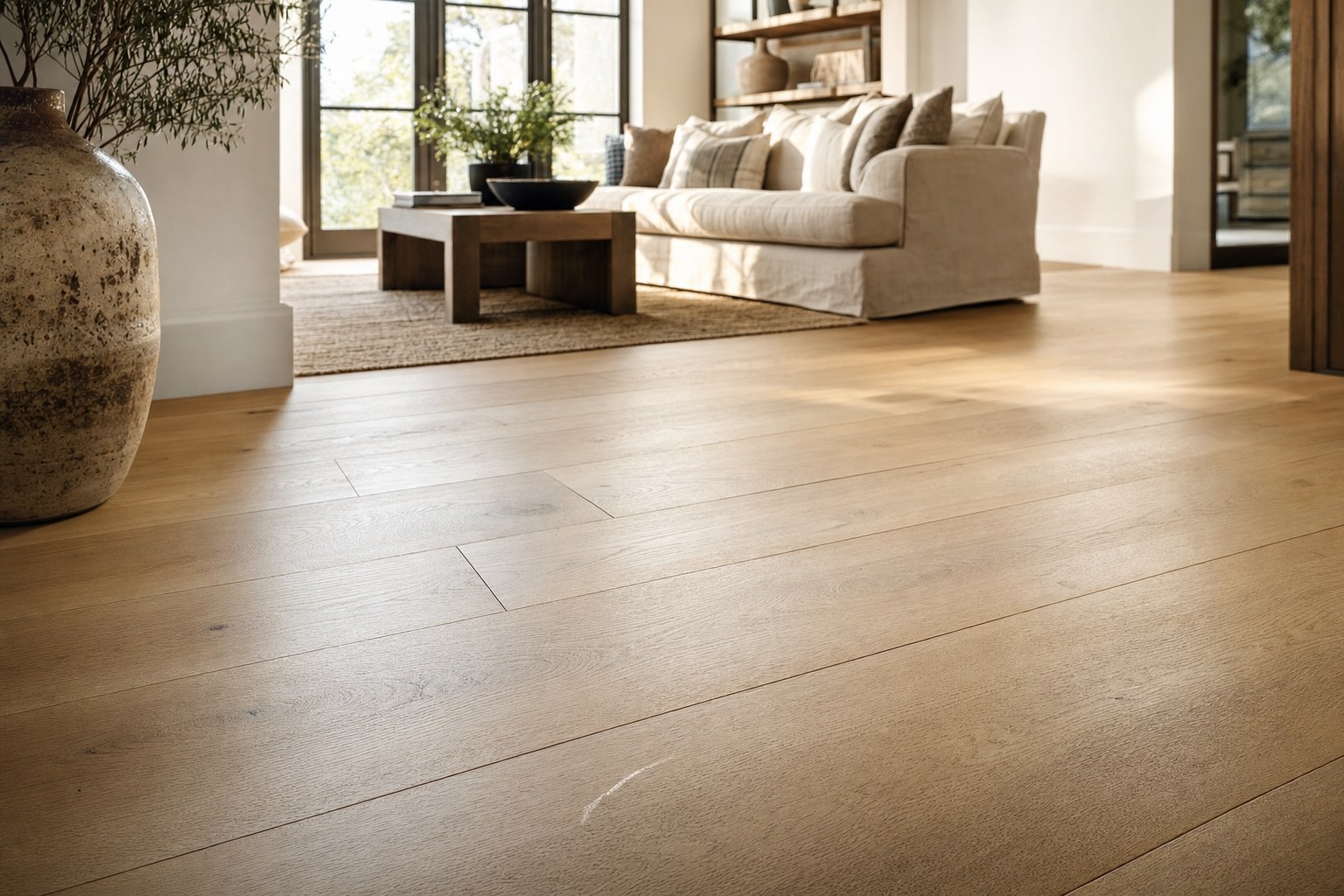 Natural oak hardwood floor in a sunlit living room with a subtle surface scuff