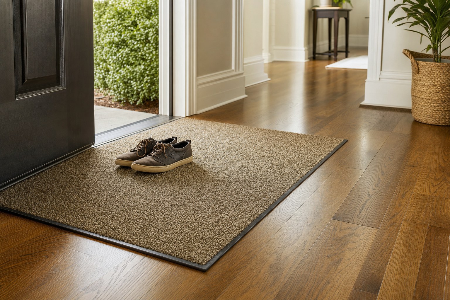 Entry mat and shoes beside a natural oak hardwood floor in a bright hallway
