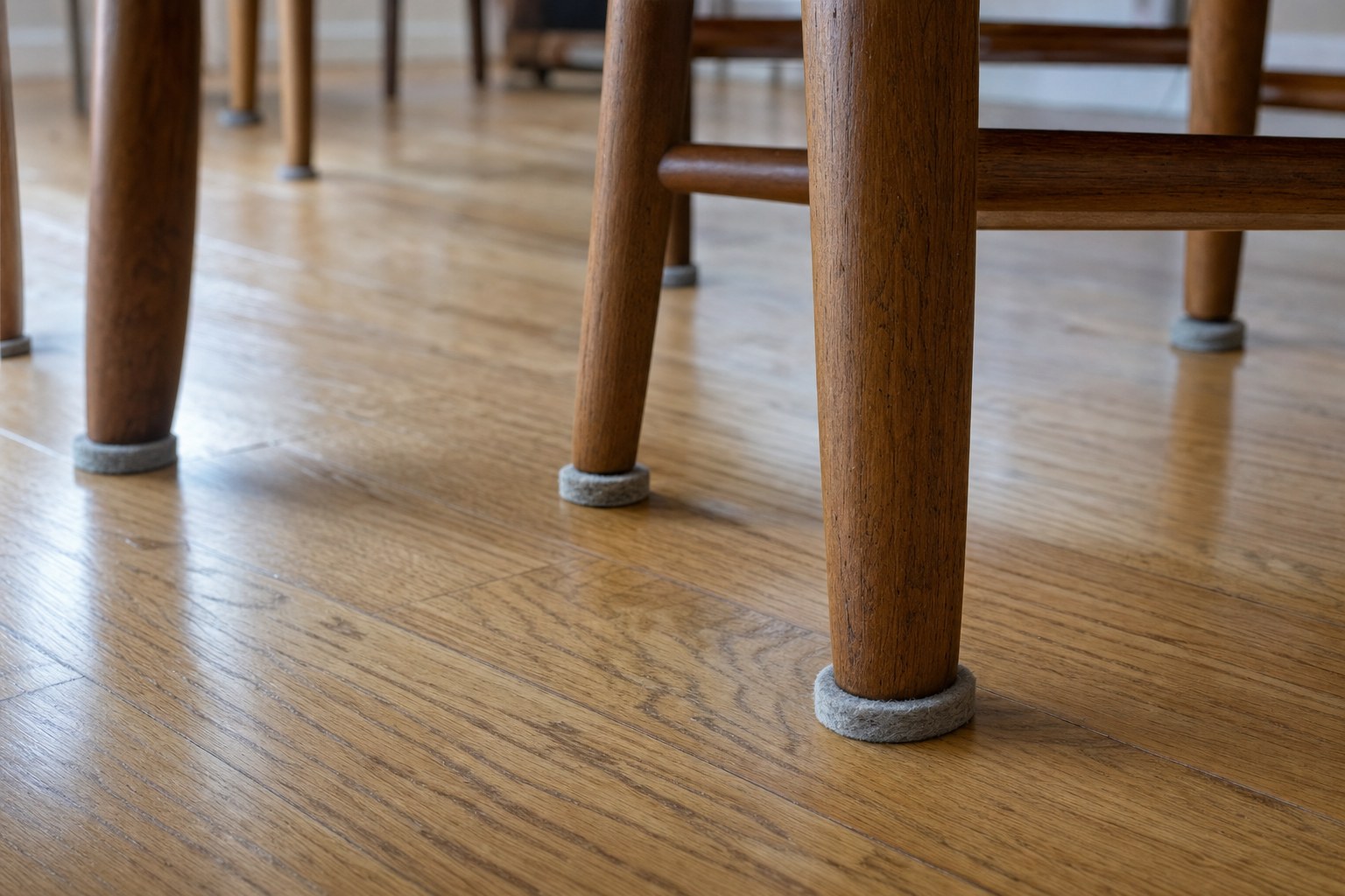 Felt pads beneath a wood dining chair on a natural oak hardwood floor
