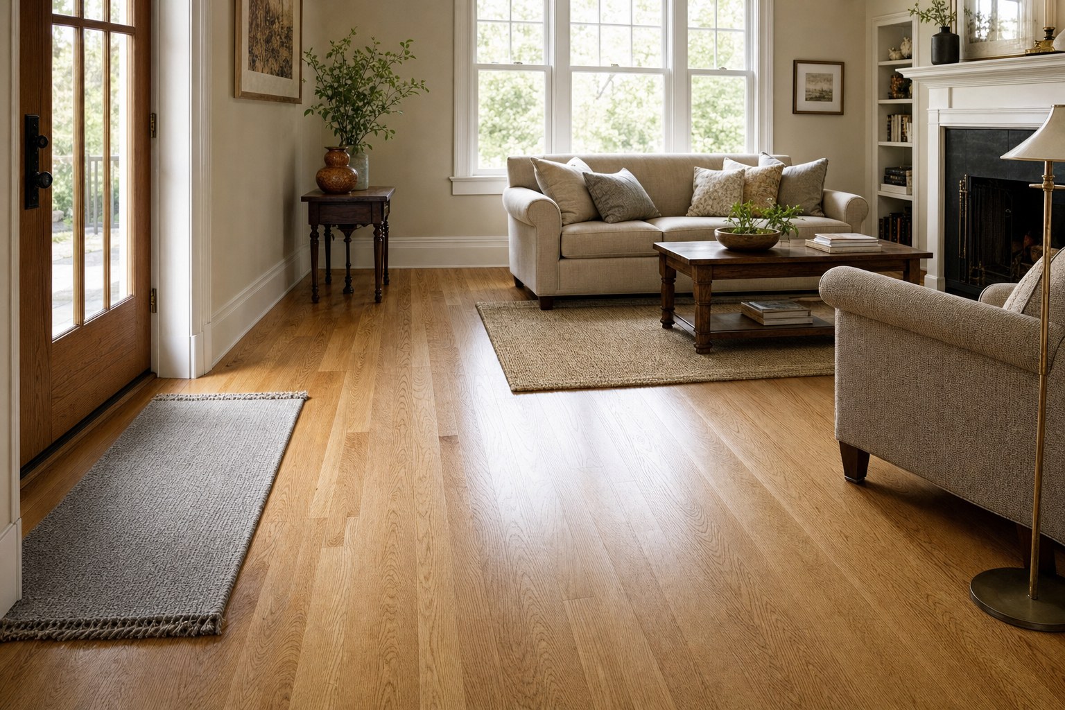Natural oak hardwood floor in a sunlit living room with entry and area rugs