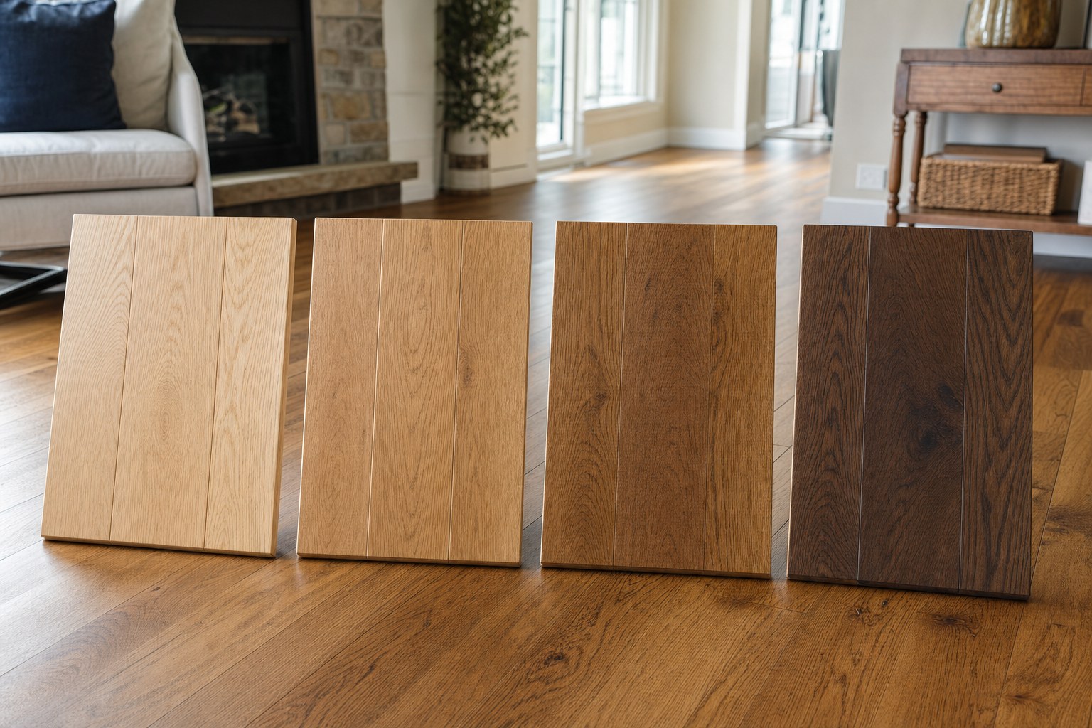 Four oak floor sample boards in light to dark stain colors