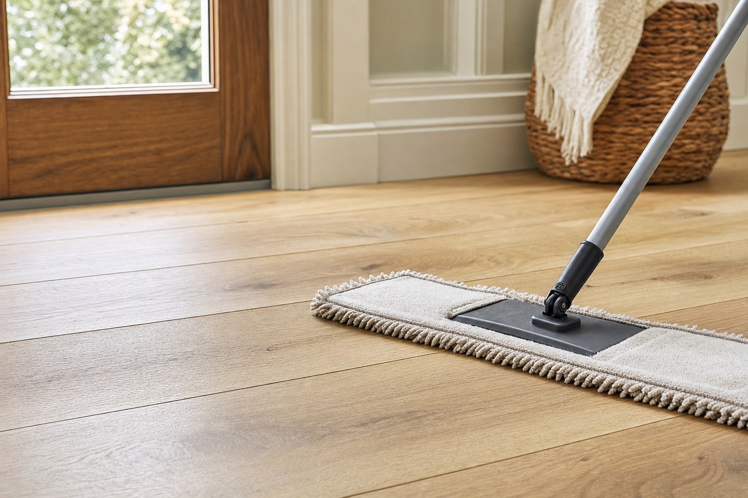 Dry microfiber dust mop on a light unfinished oak hardwood floor