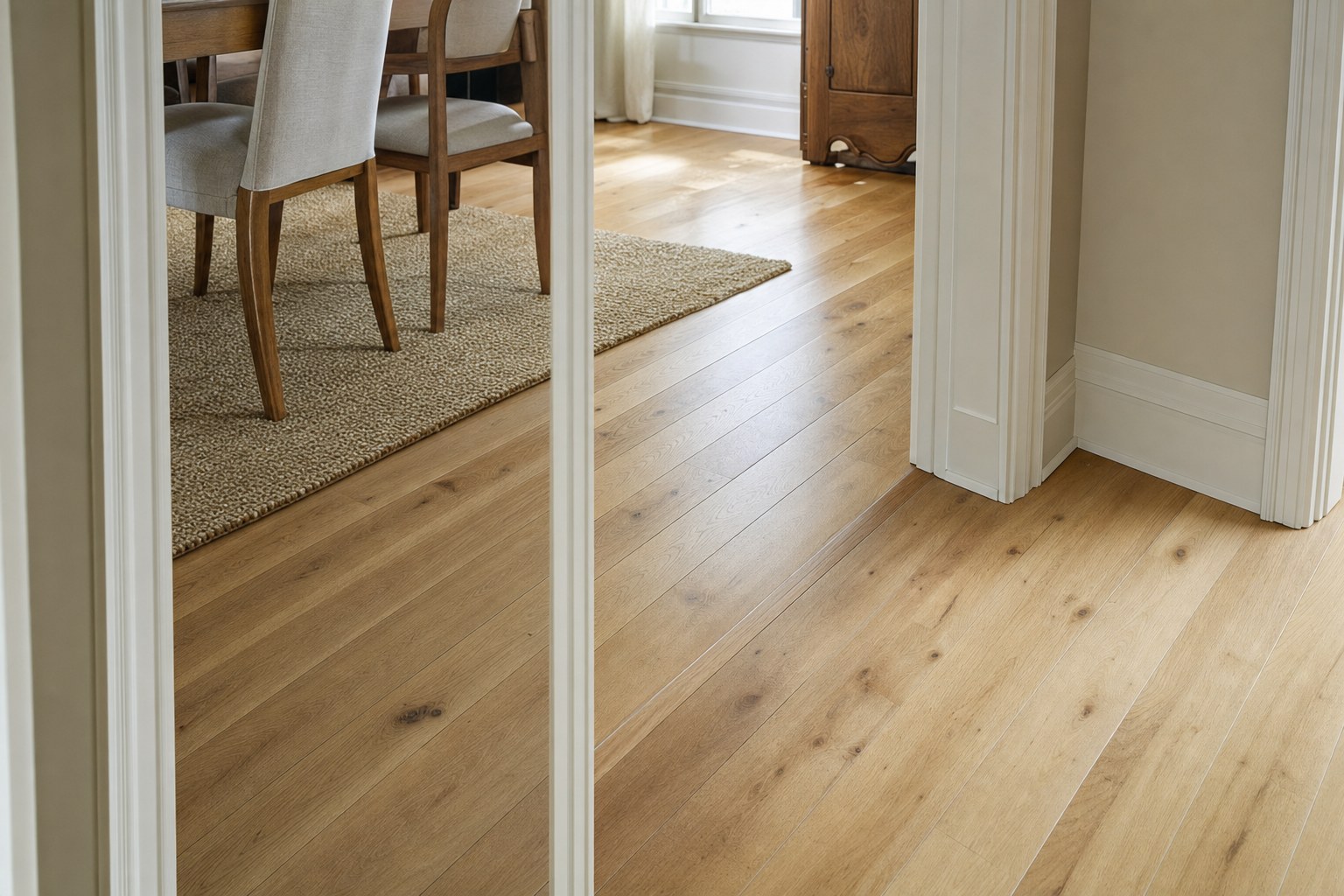 Unfinished oak hardwood continuing through a doorway between connected rooms