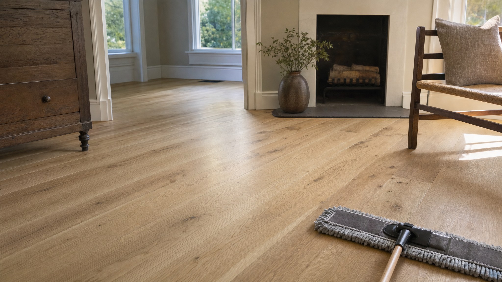 Unfinished oak hardwood floor in a sunlit living room with a dry microfiber dust mop