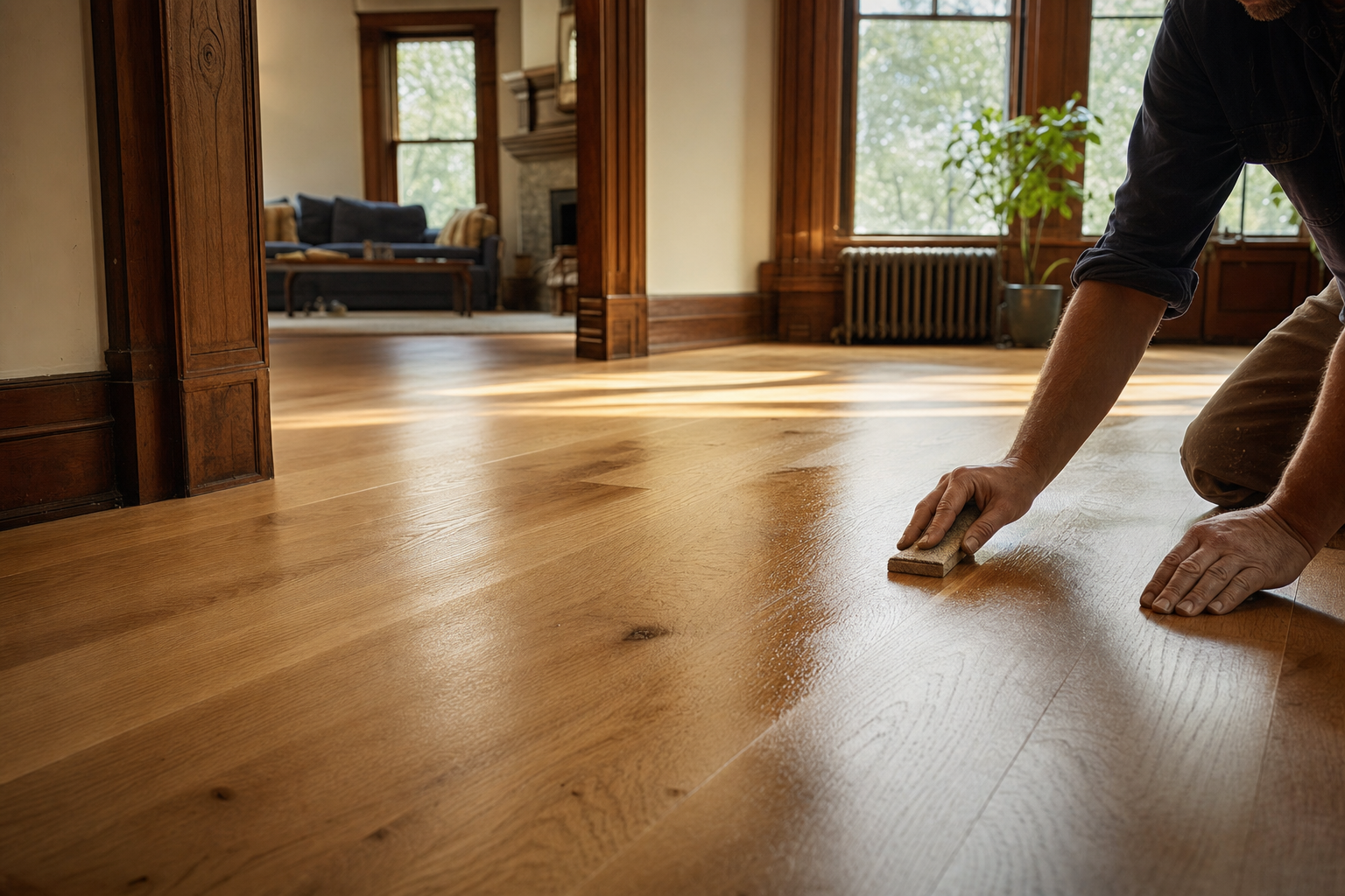 A craftsperson hand-finishing a warm hardwood floor in a traditional home
