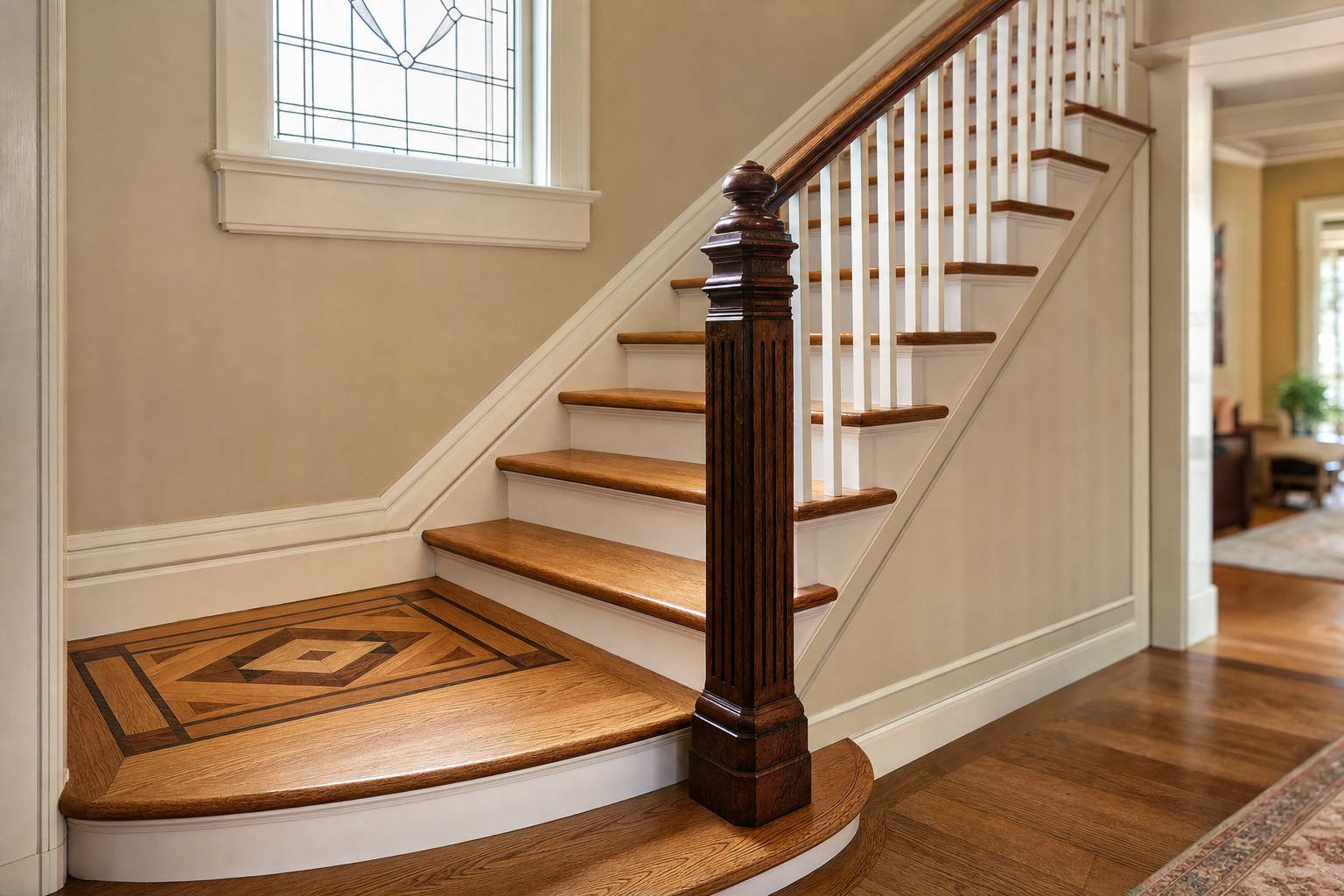 Custom Stairs & Inlays hardwood flooring detail