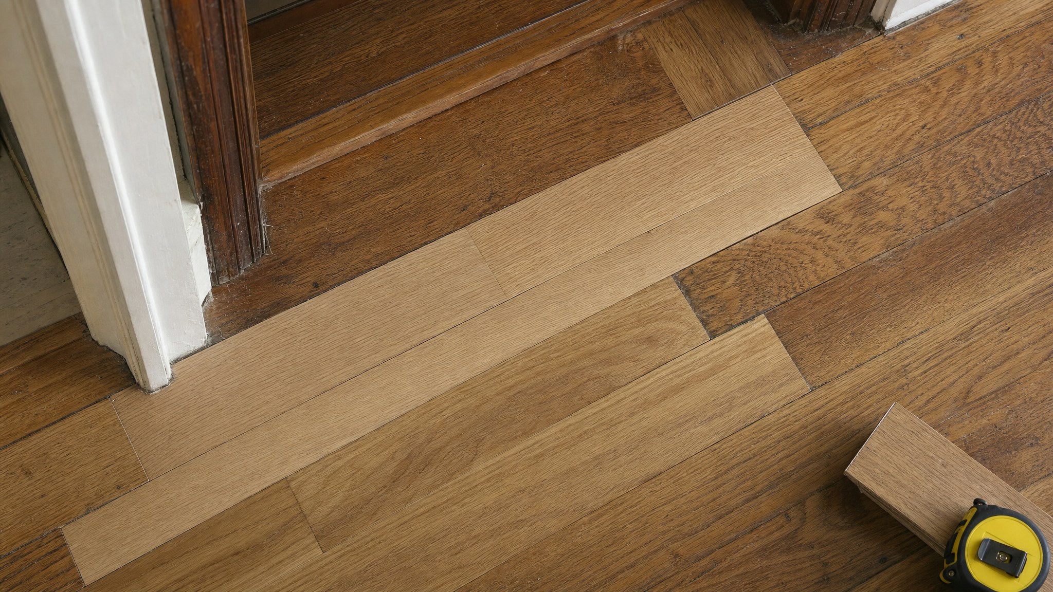 New oak boards carefully fitted into an older hardwood floor at a doorway