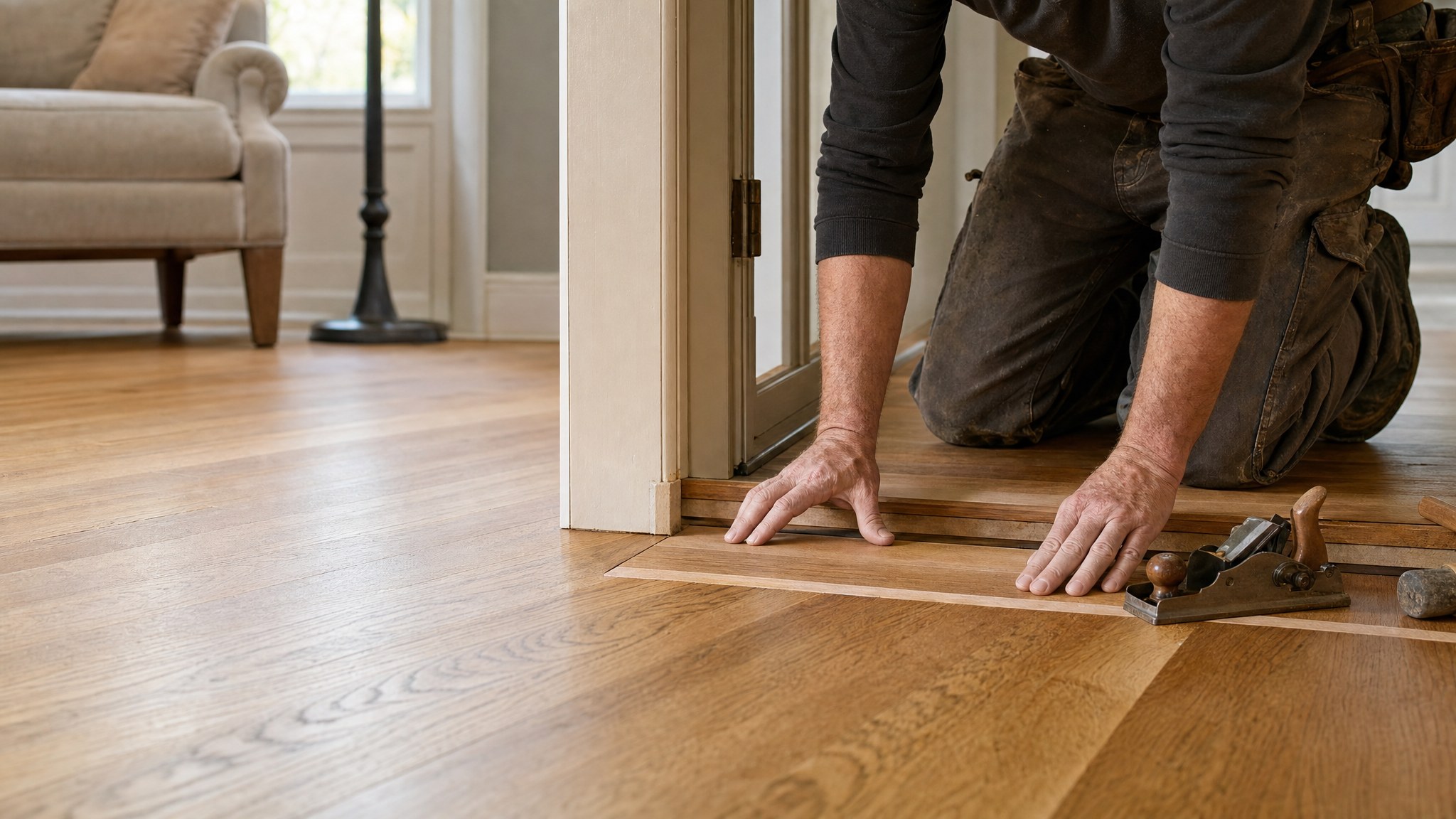Craftsperson carefully fitting a hardwood floor repair at a doorway