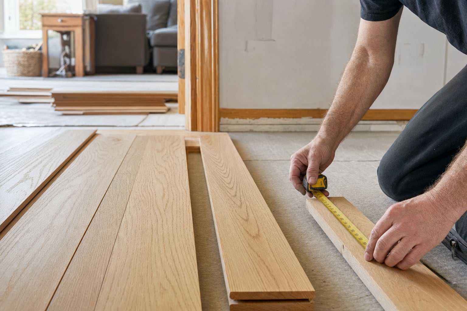 Flooring professional measuring unfinished oak boards before installation