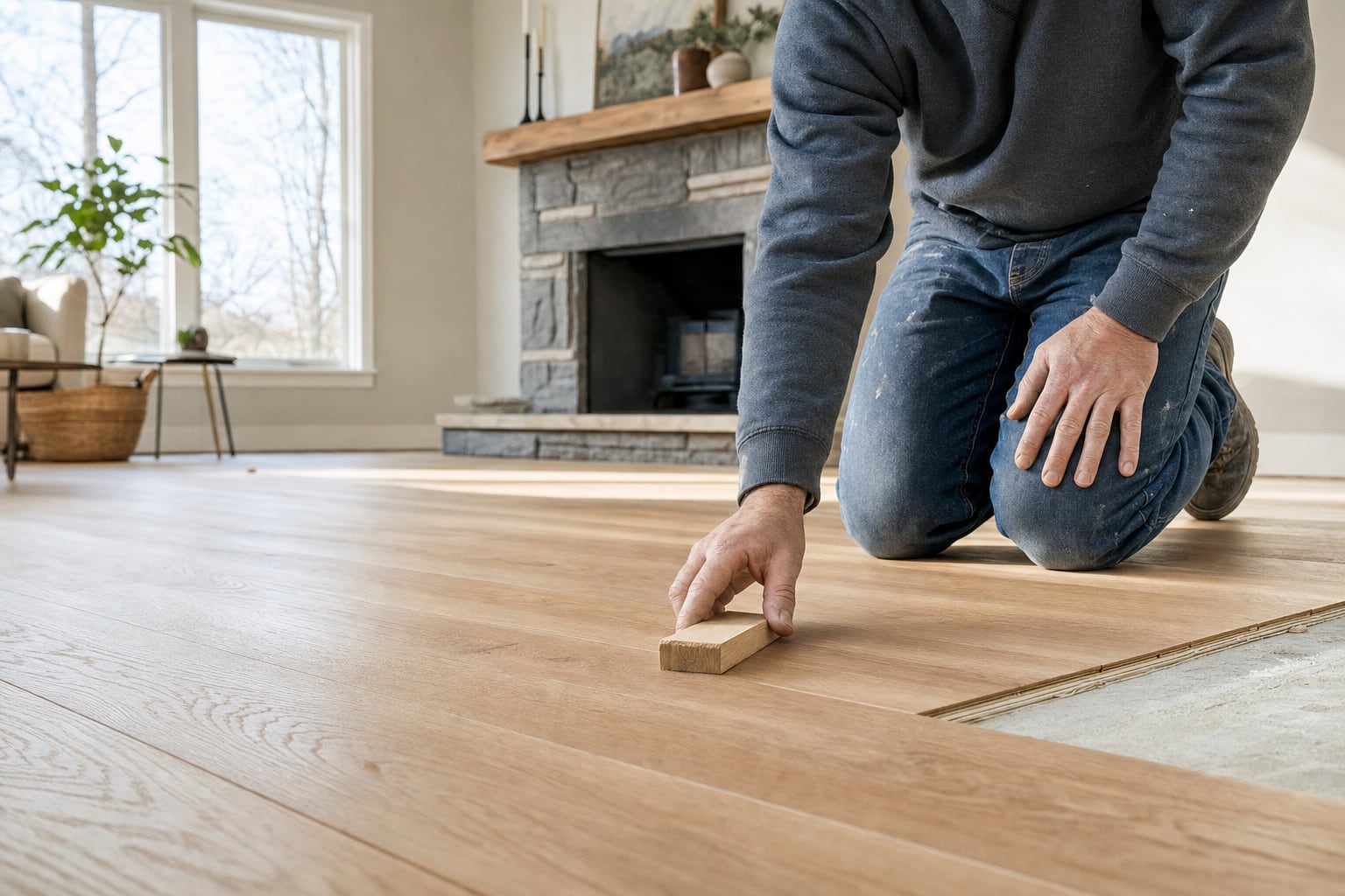 Flooring professional fitting new hardwood planks in a home