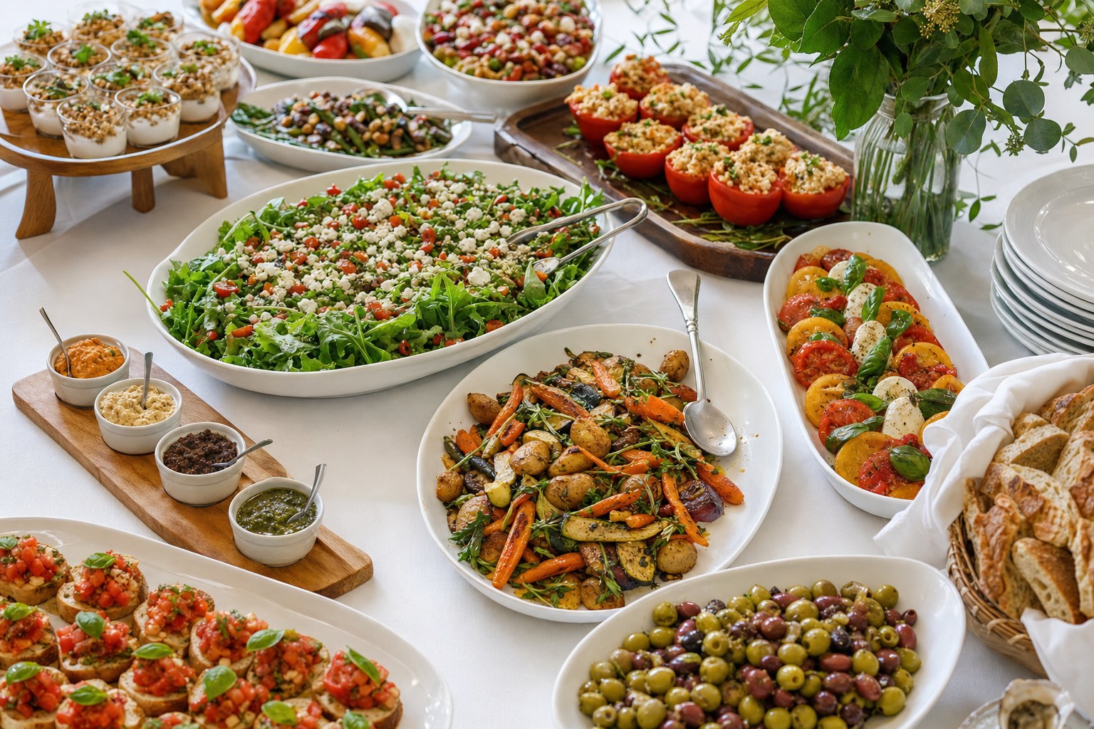 Colorful catering dishes arranged for a gathering
