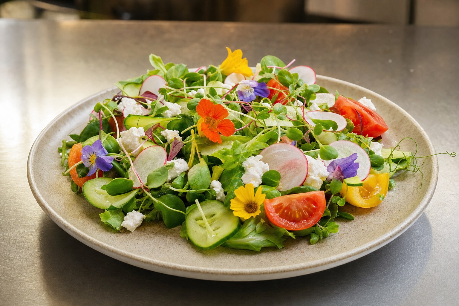 Seasonal salad plated with colorful vegetables