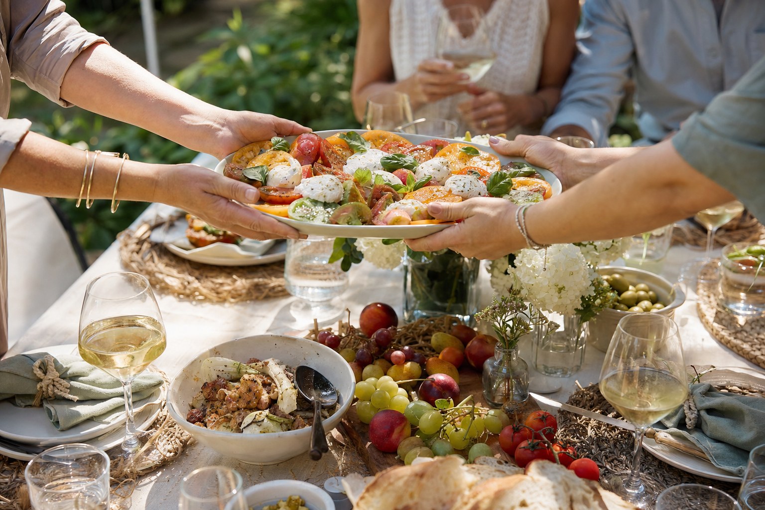 Shared platter passed at an outdoor gathering