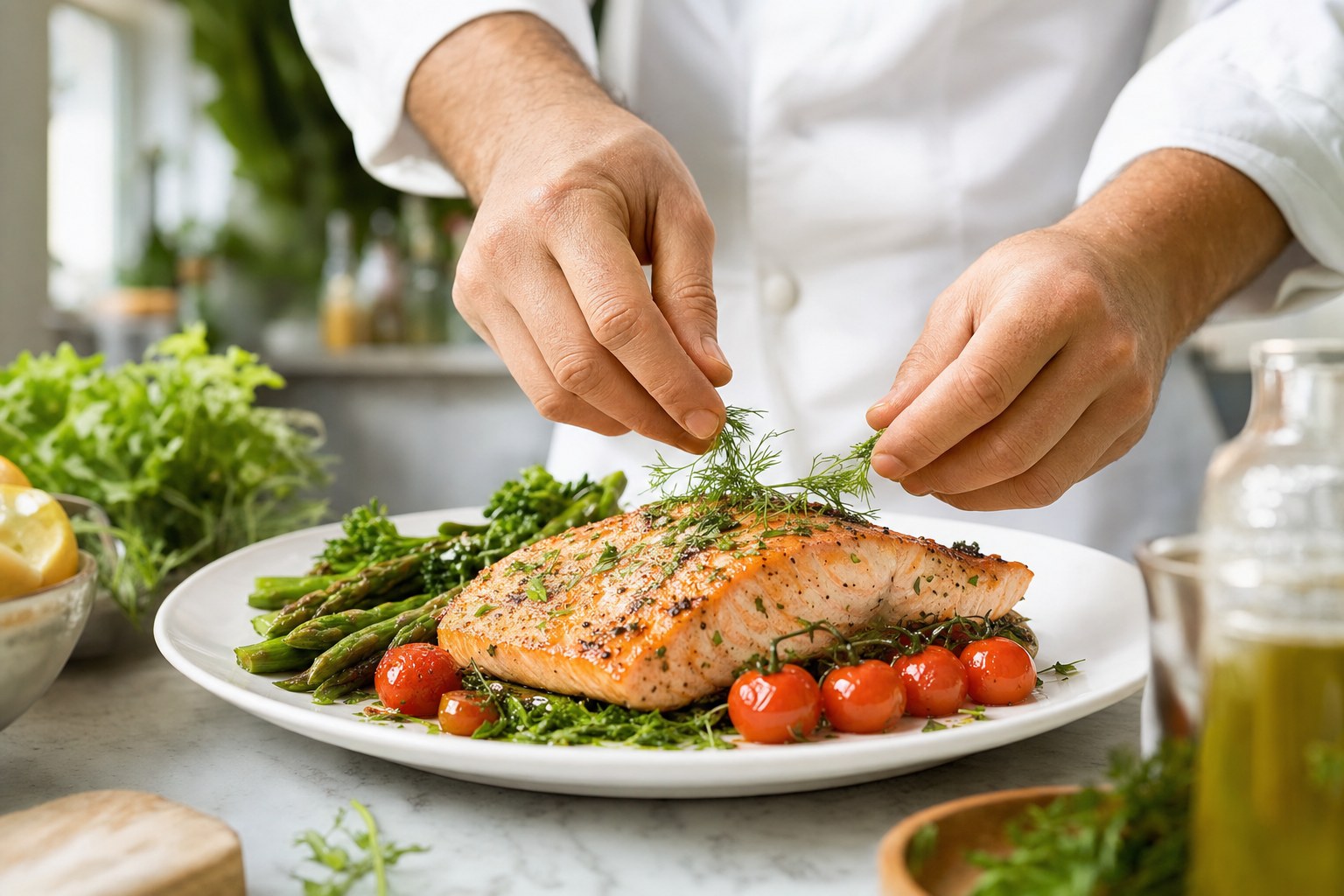 Chef finishing a plated salmon entrée with fresh herbs