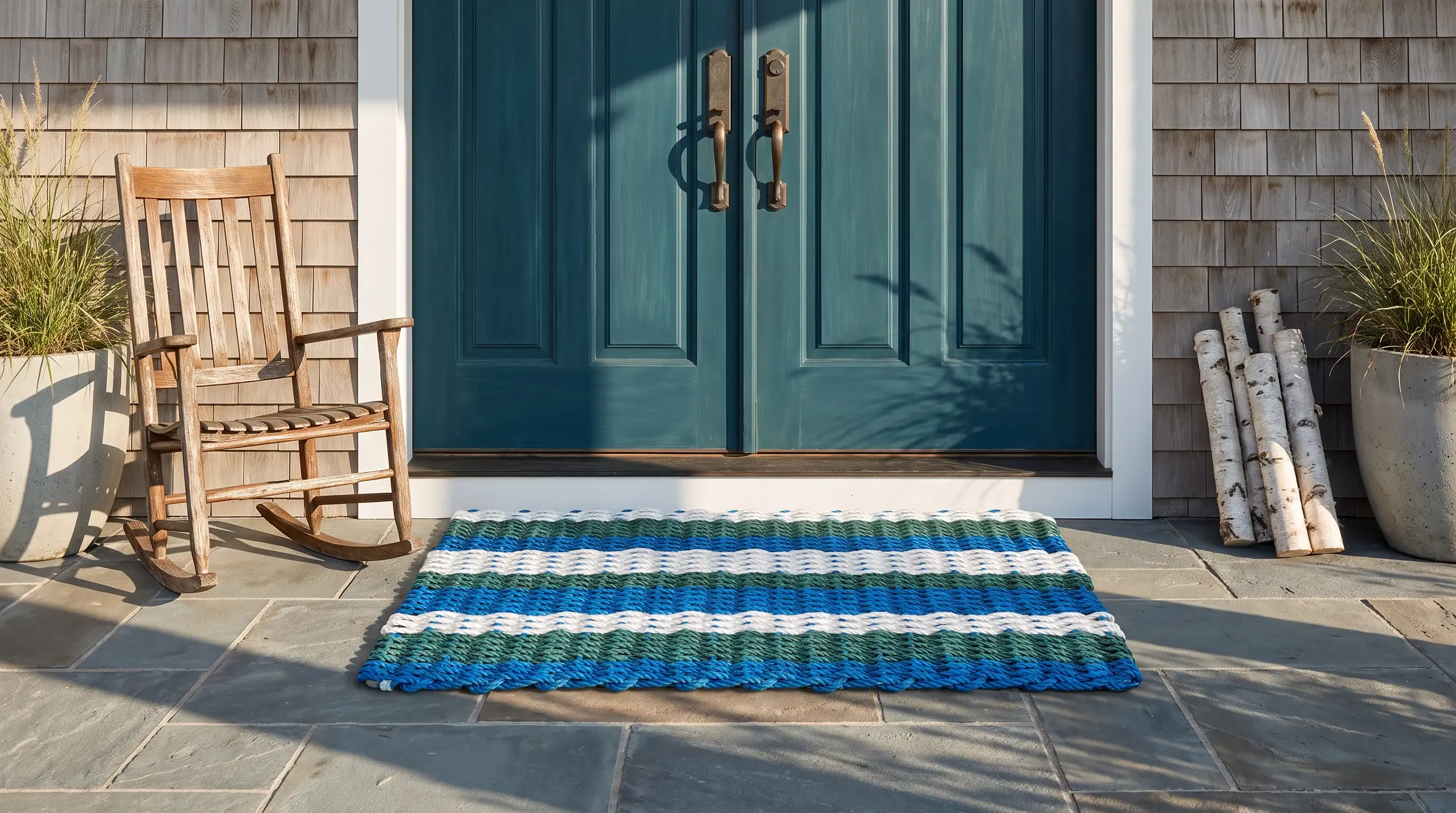 Blue, seafoam and white handwoven rope doormat at a coastal front door