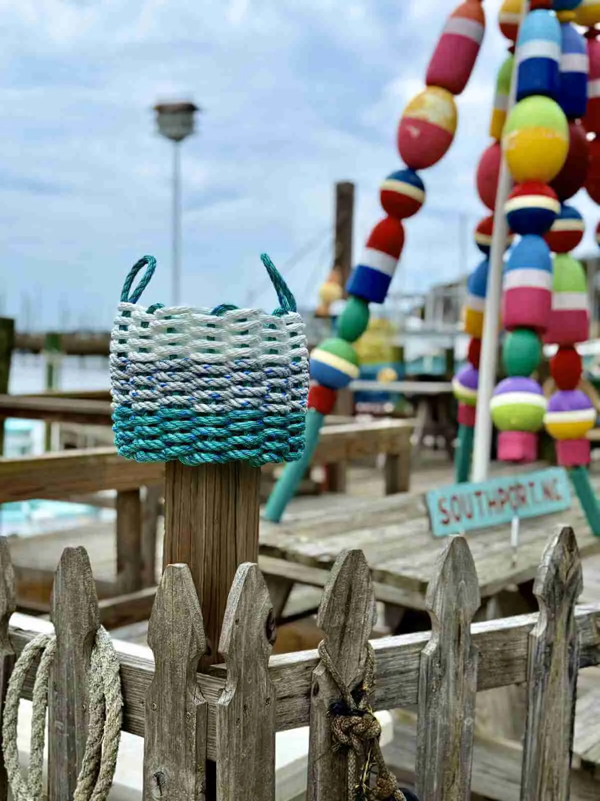 Handwoven rope basket displayed in Southport, North Carolina