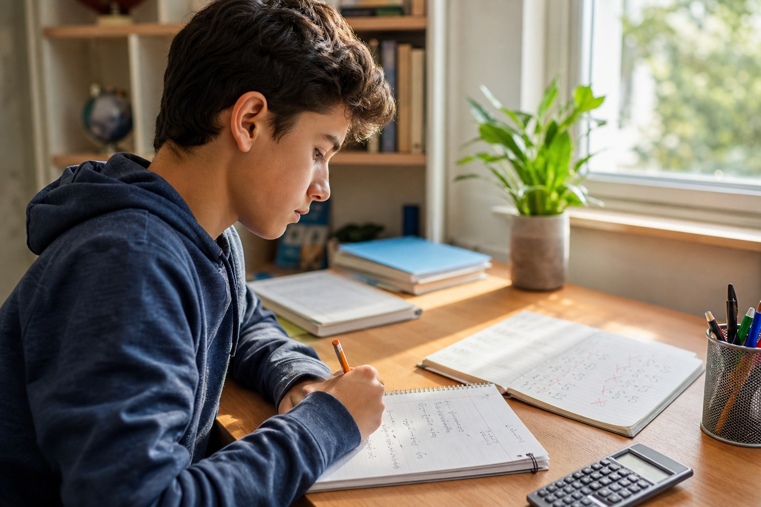 Learner reviewing math work and solving a fresh problem at a desk