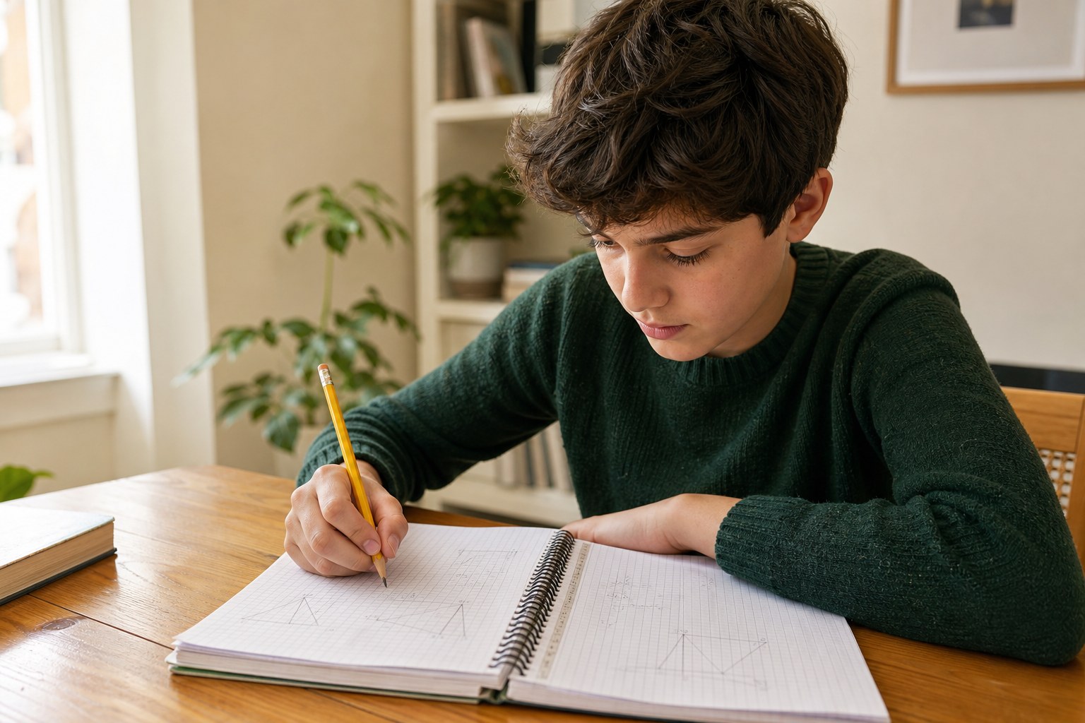 Learner working thoughtfully through a math notebook at a table