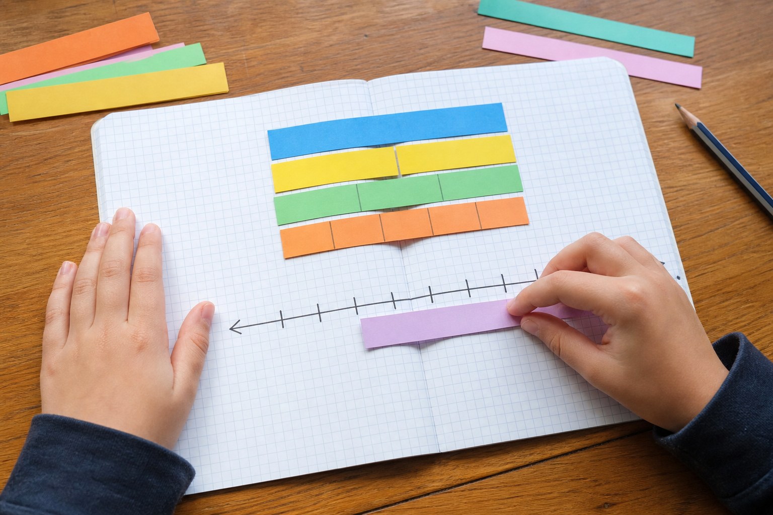 Learner using paper strips and a number line in an open math notebook