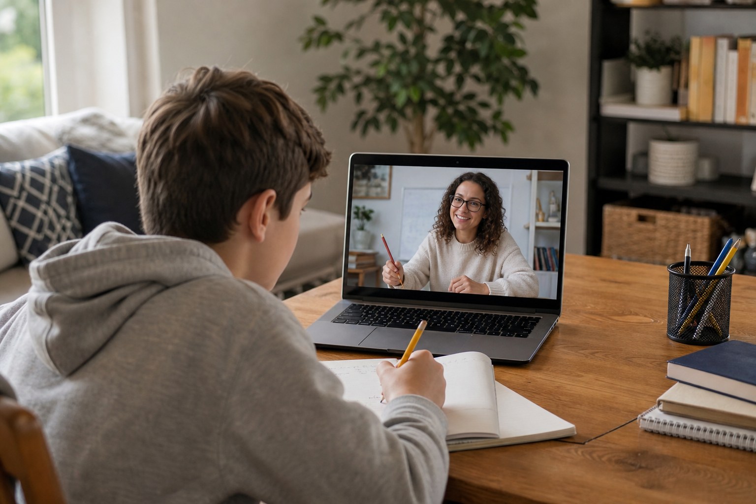 Learner taking part in an online one-to-one tutoring session with an educator
