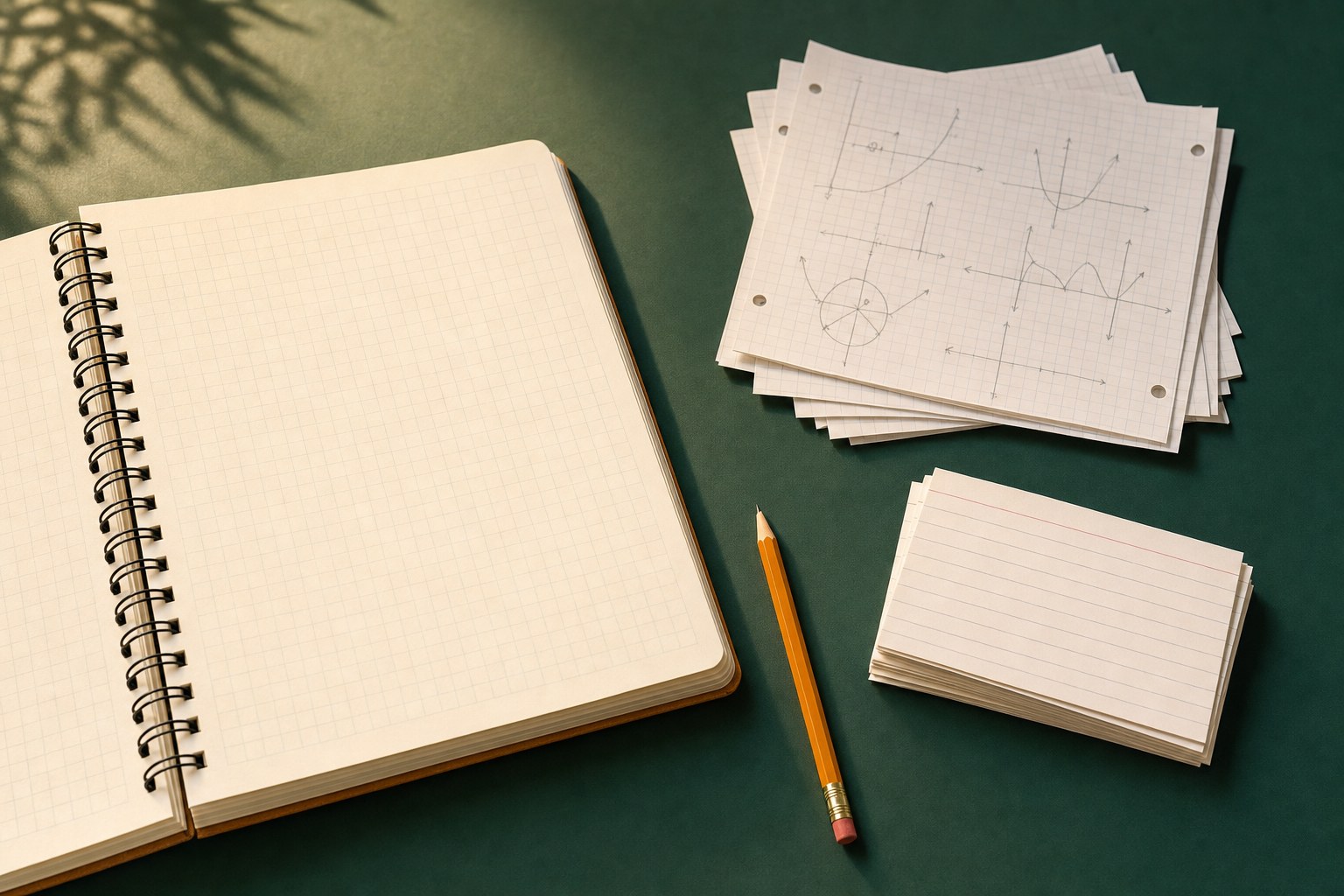 Math notebook, graph paper, and index cards arranged for focused study