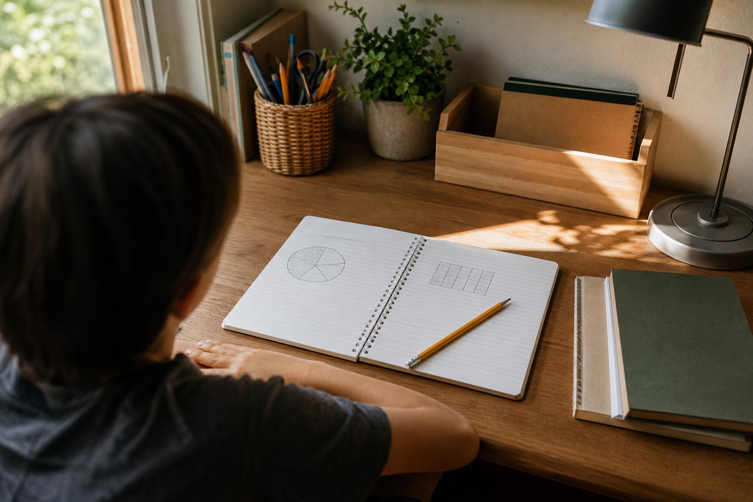 Learner pausing calmly over a notebook with simple math diagrams