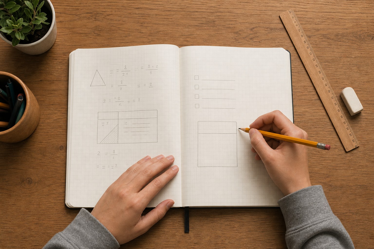 Hands making a simple plan beside a math notebook with visual examples