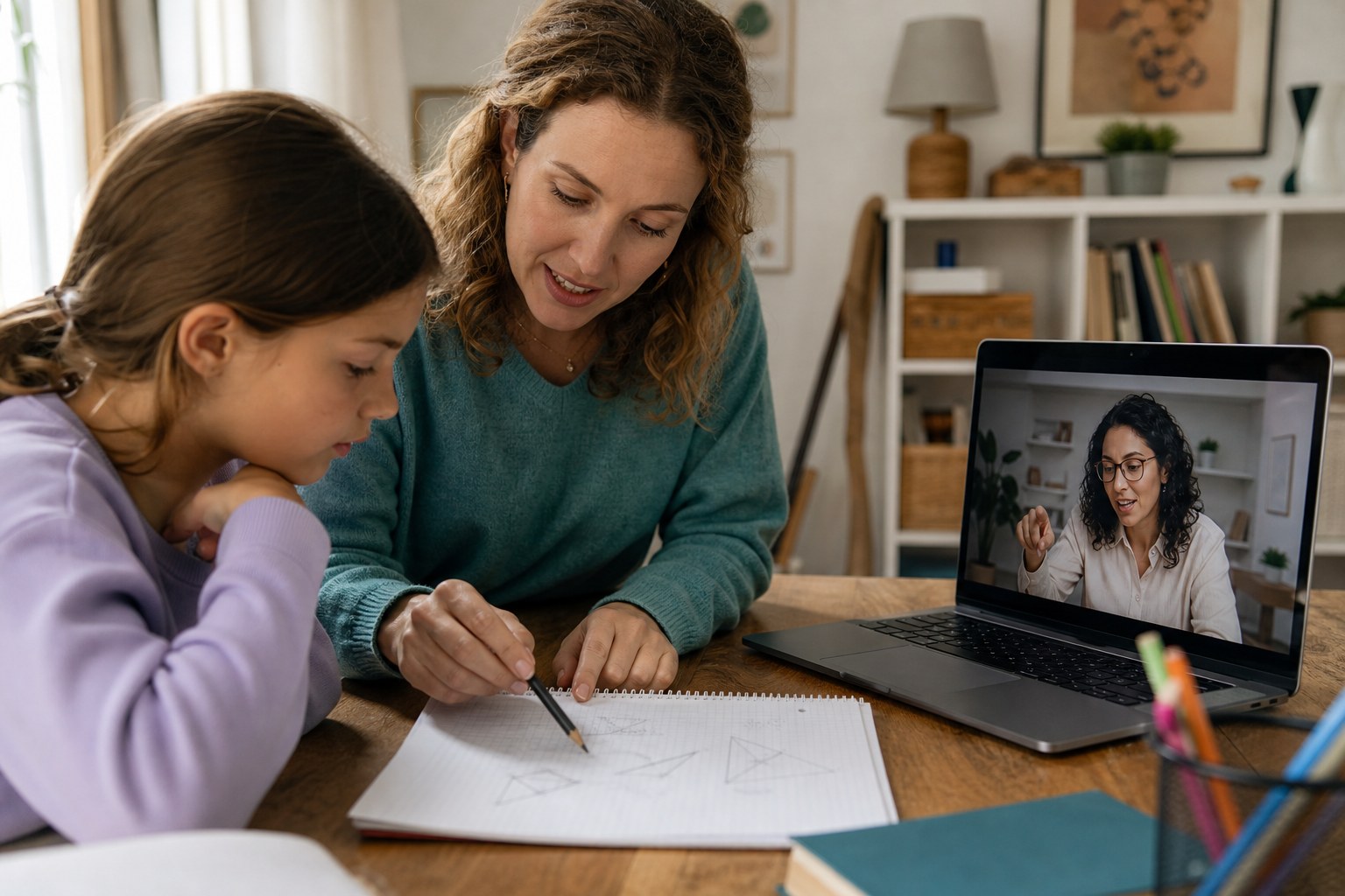 Learner and parent or guardian receiving support from an educator in an online tutoring session