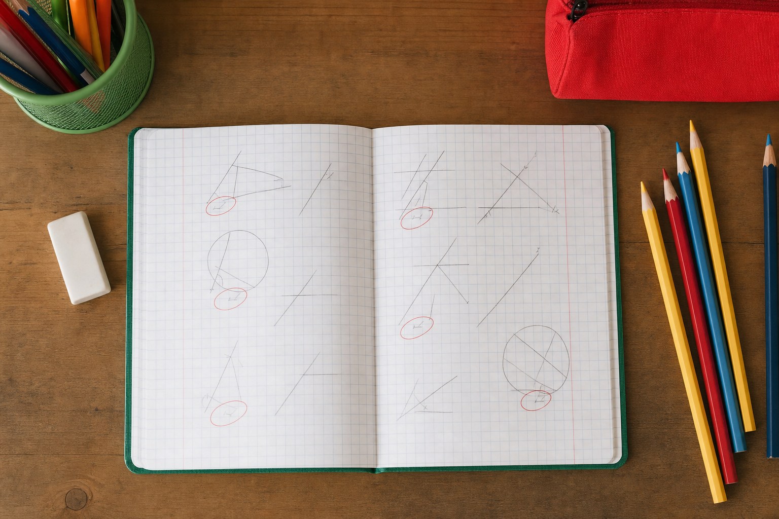 Open graph-paper notebook with math sketches and a few circled areas for review
