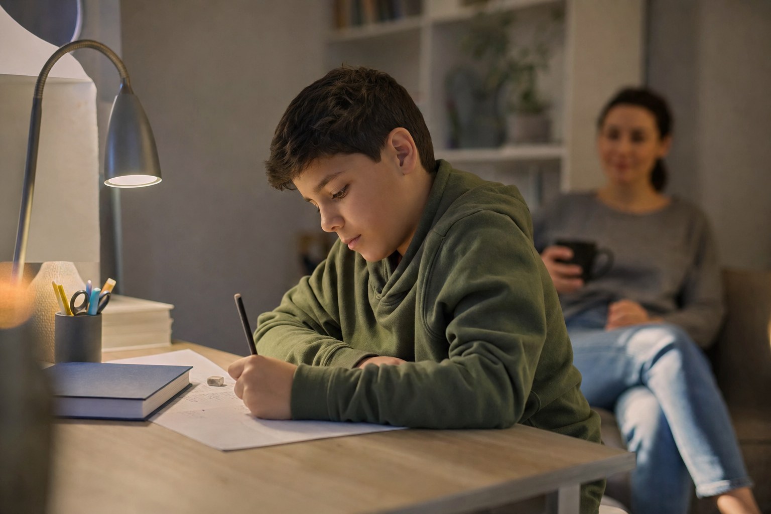 Learner working independently on math homework at a desk while a parent is nearby
