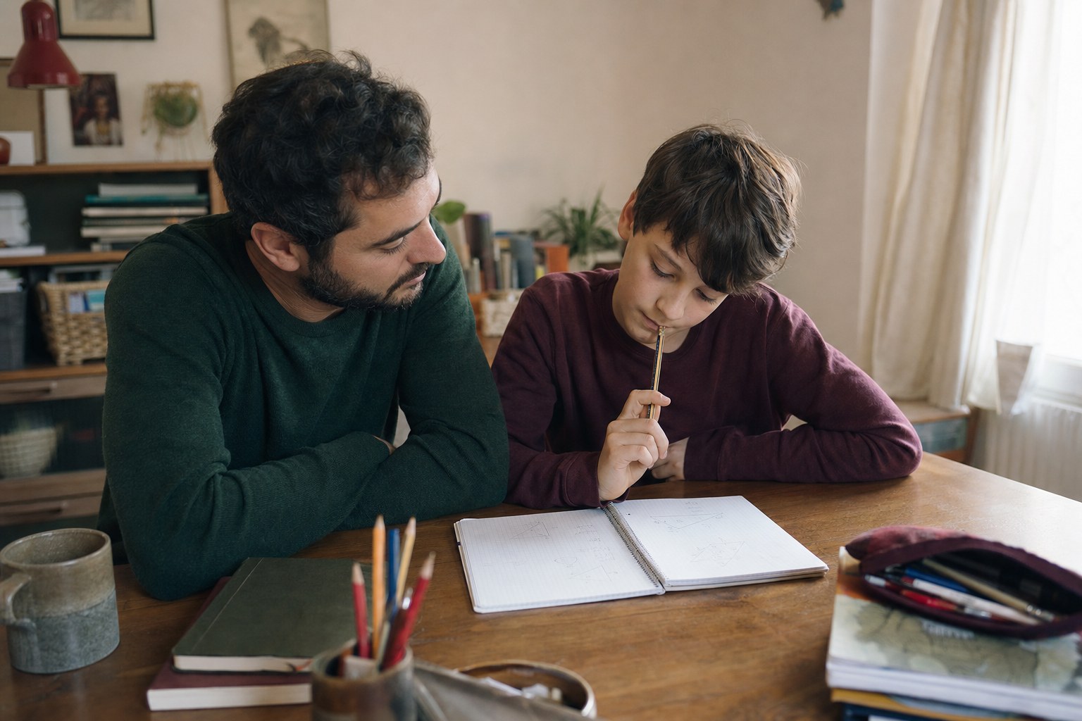 Parent listening while a learner thinks through math homework at a table