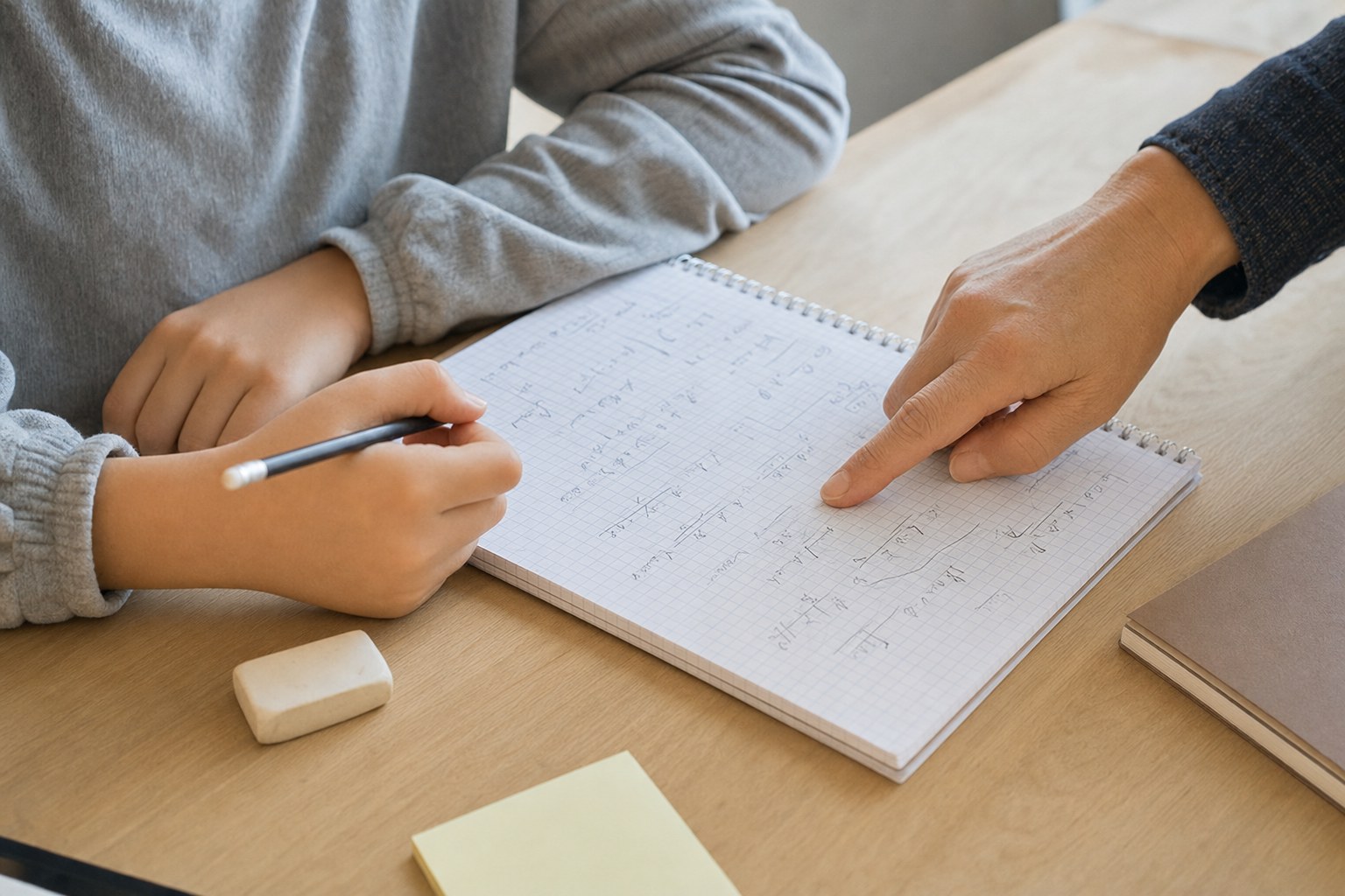 Learner writing in a math notebook while an adult points gently to one step