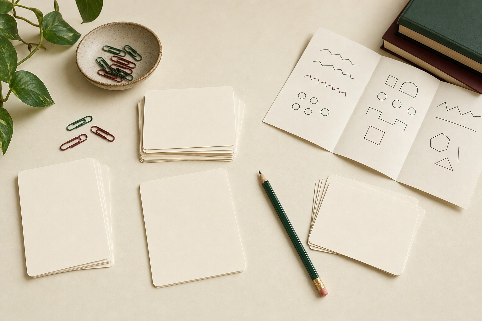Blank practice cards, geometric sketches, and colored paper clips arranged for varied study