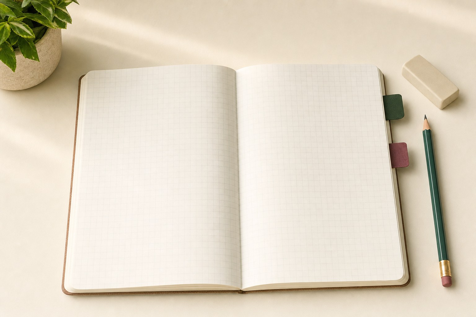 Open graph-paper notebook with a pencil, eraser, and colored page markers