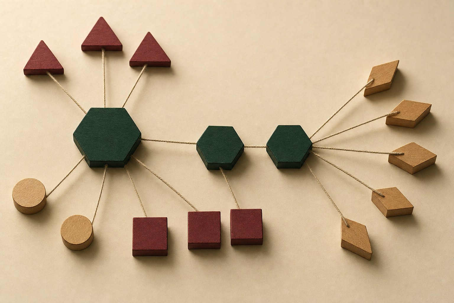 Connected wooden pattern blocks showing how separate ideas can relate