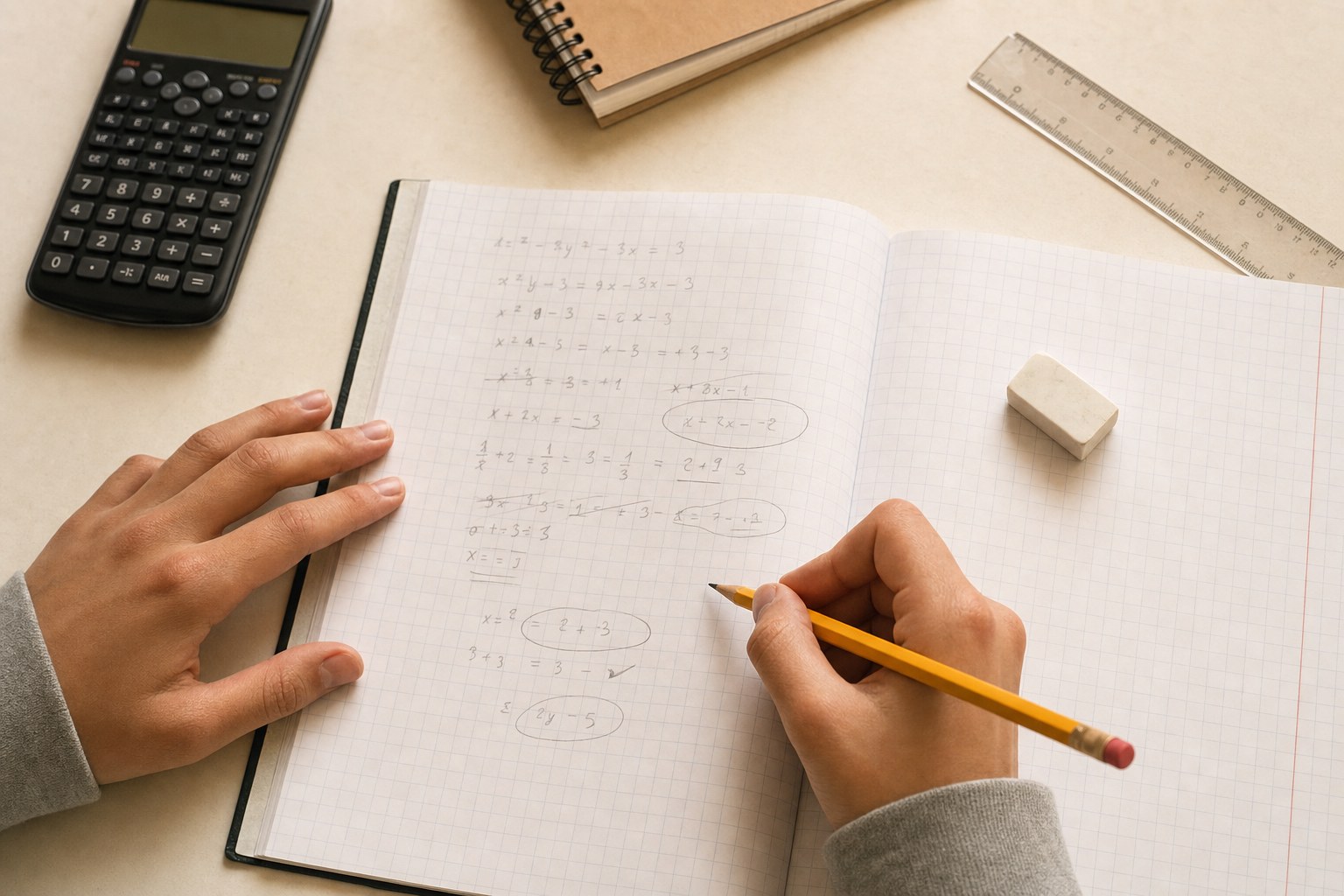 Learner reviewing algebra work in a graph-paper notebook with a pencil