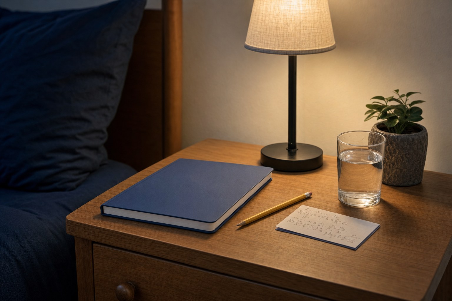 Closed notebook, pencil, formula card, water, and lamp arranged on a tidy bedside table