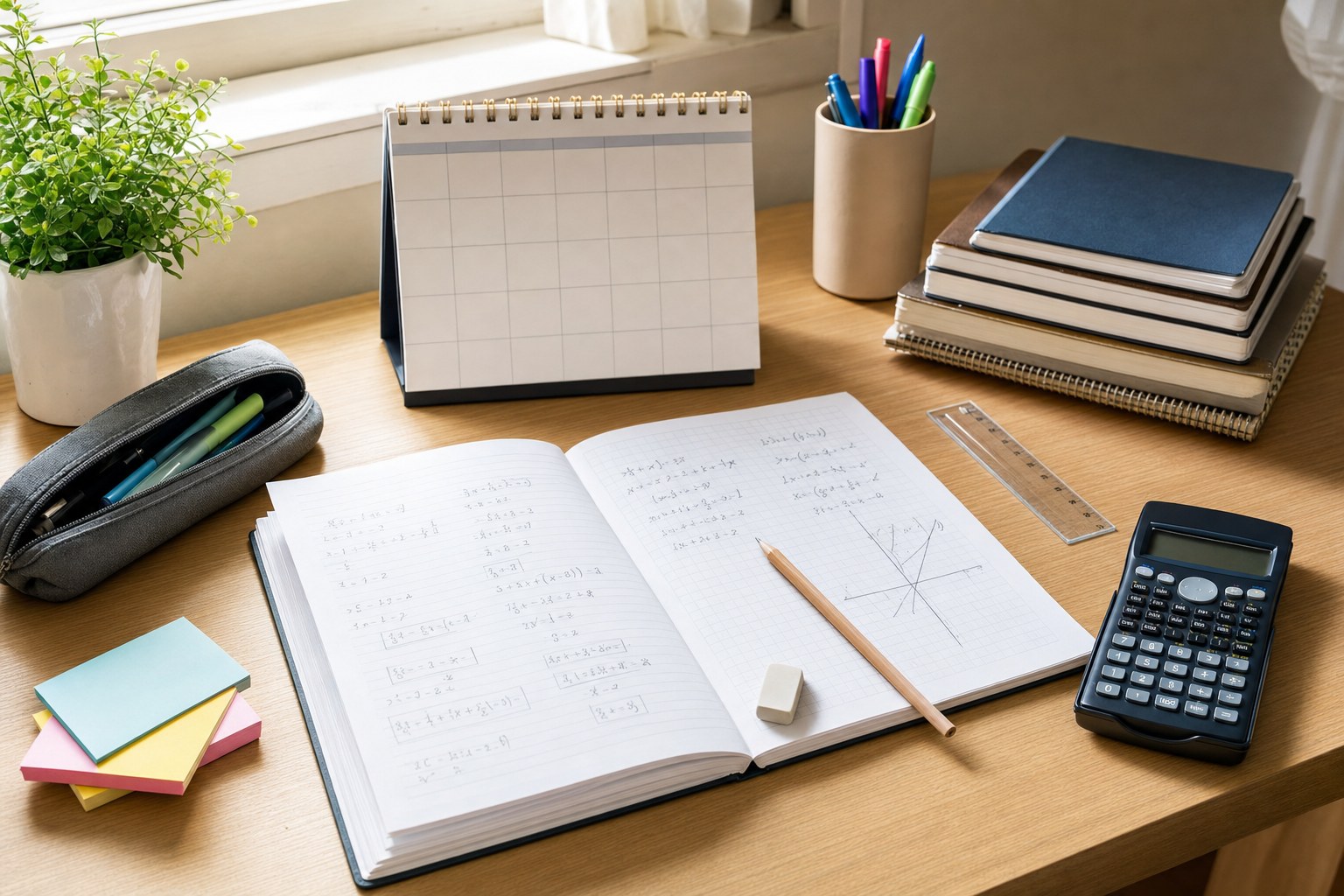 Math notebook, calendar, calculator, and study supplies arranged for a five-day test plan