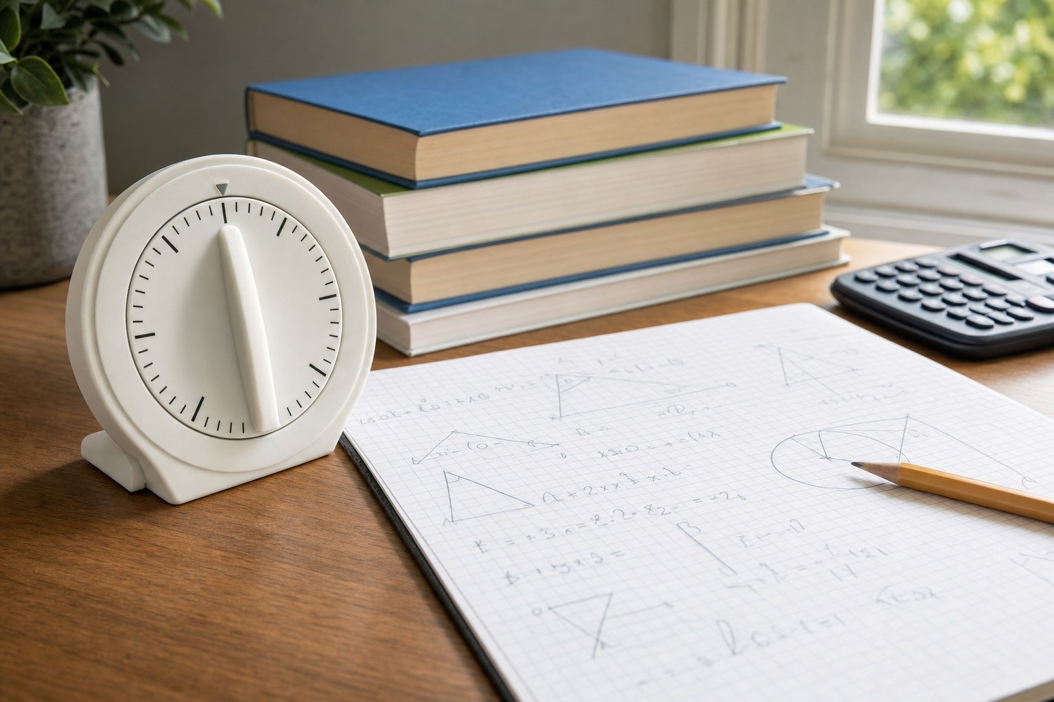 Analog timer beside graph-paper math practice, books, pencil, and calculator