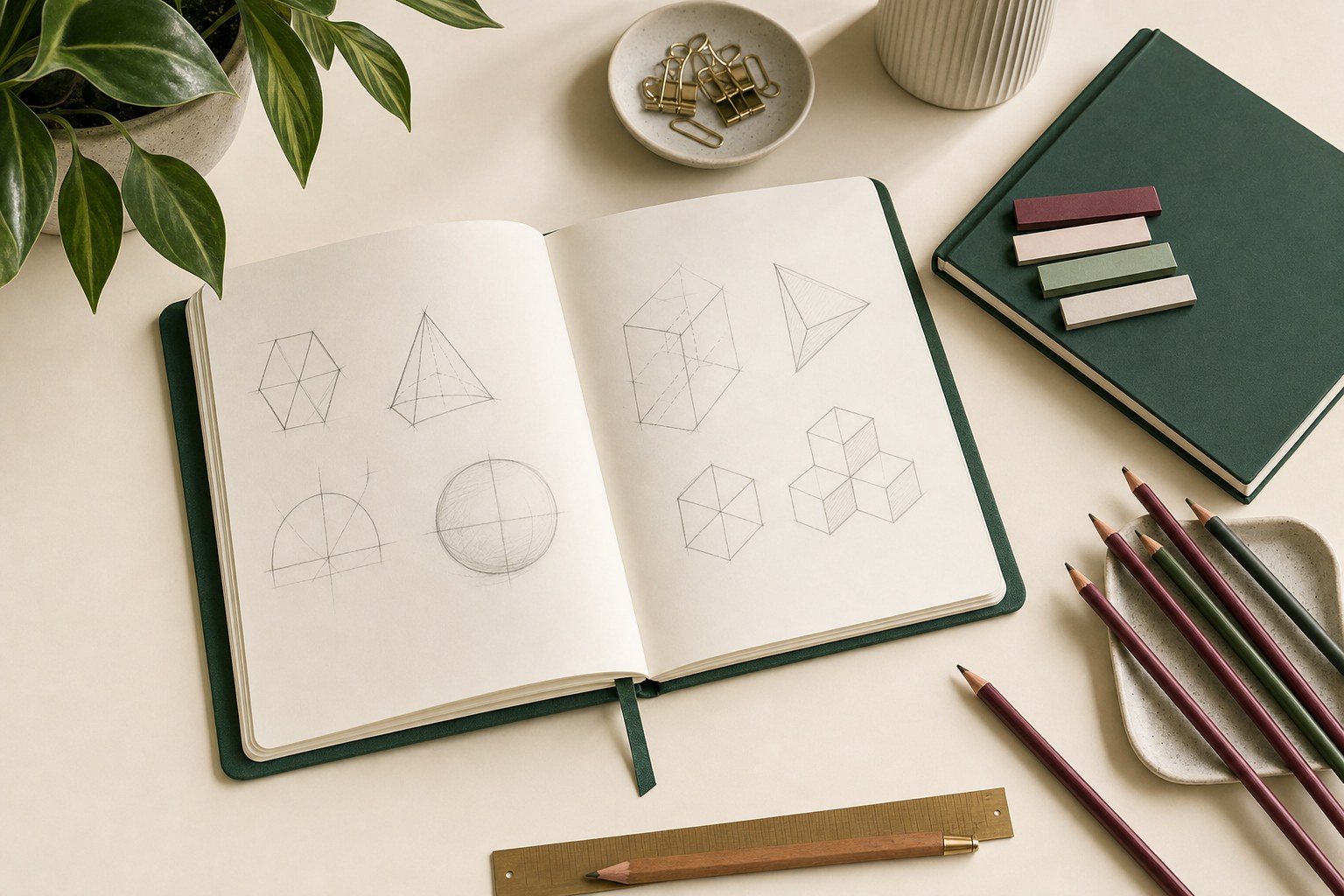 Open notebook with geometric sketches and study supplies