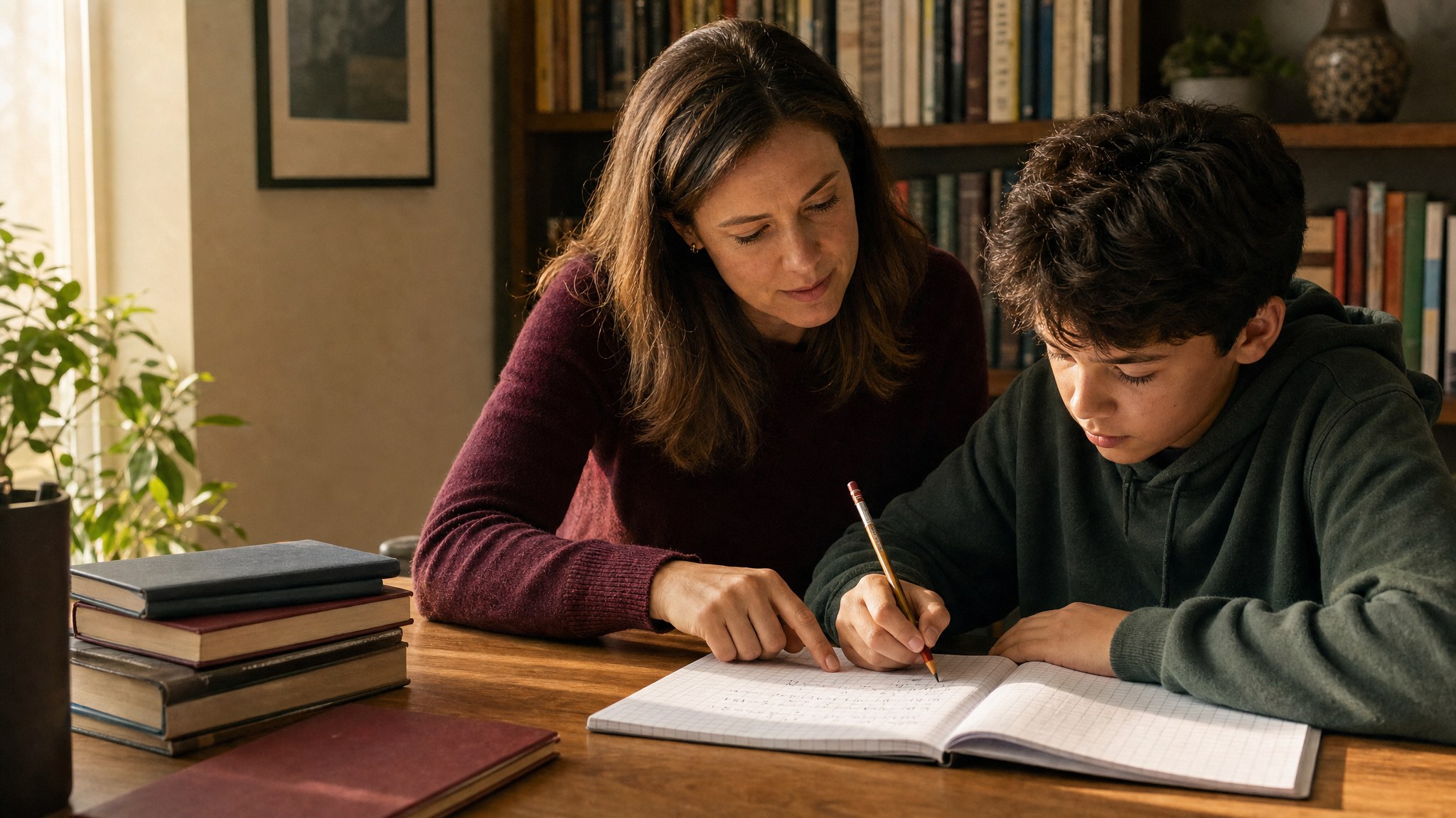 Tutor helping a student work through an algebra problem