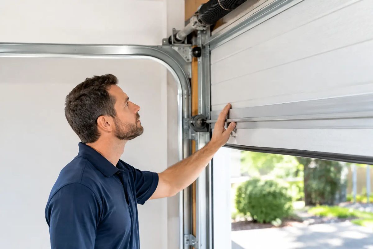 Man checking the movement of a partially raised garage door