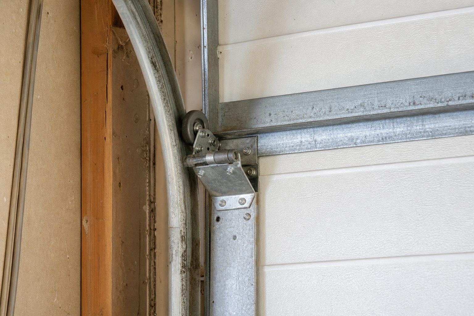 Garage door roller and hinge at the curved section of a track